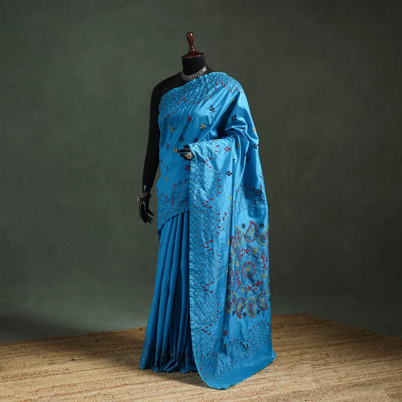 Blue - Bengal Nakshi Kantha Hand Embroidered Silk Saree 32 made by Itokri
