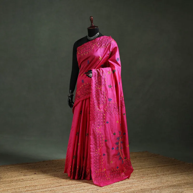 Pink - Bengal Nakshi Kantha Hand Embroidered Silk Saree 31 made by Itokri
