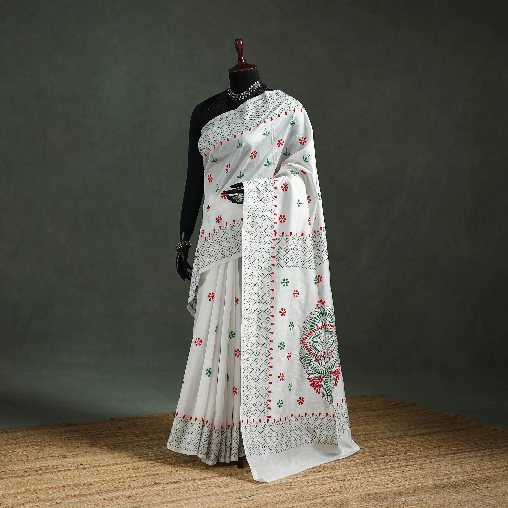 White - Bengal Nakshi Kantha Hand Embroidered Silk Saree 30 sold by Itokri