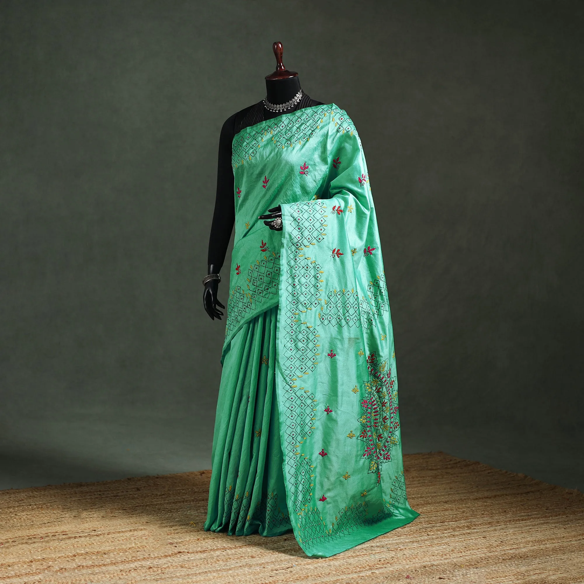 Green - Bengal Nakshi Kantha Hand Embroidered Silk Saree 29 sold by Itokri