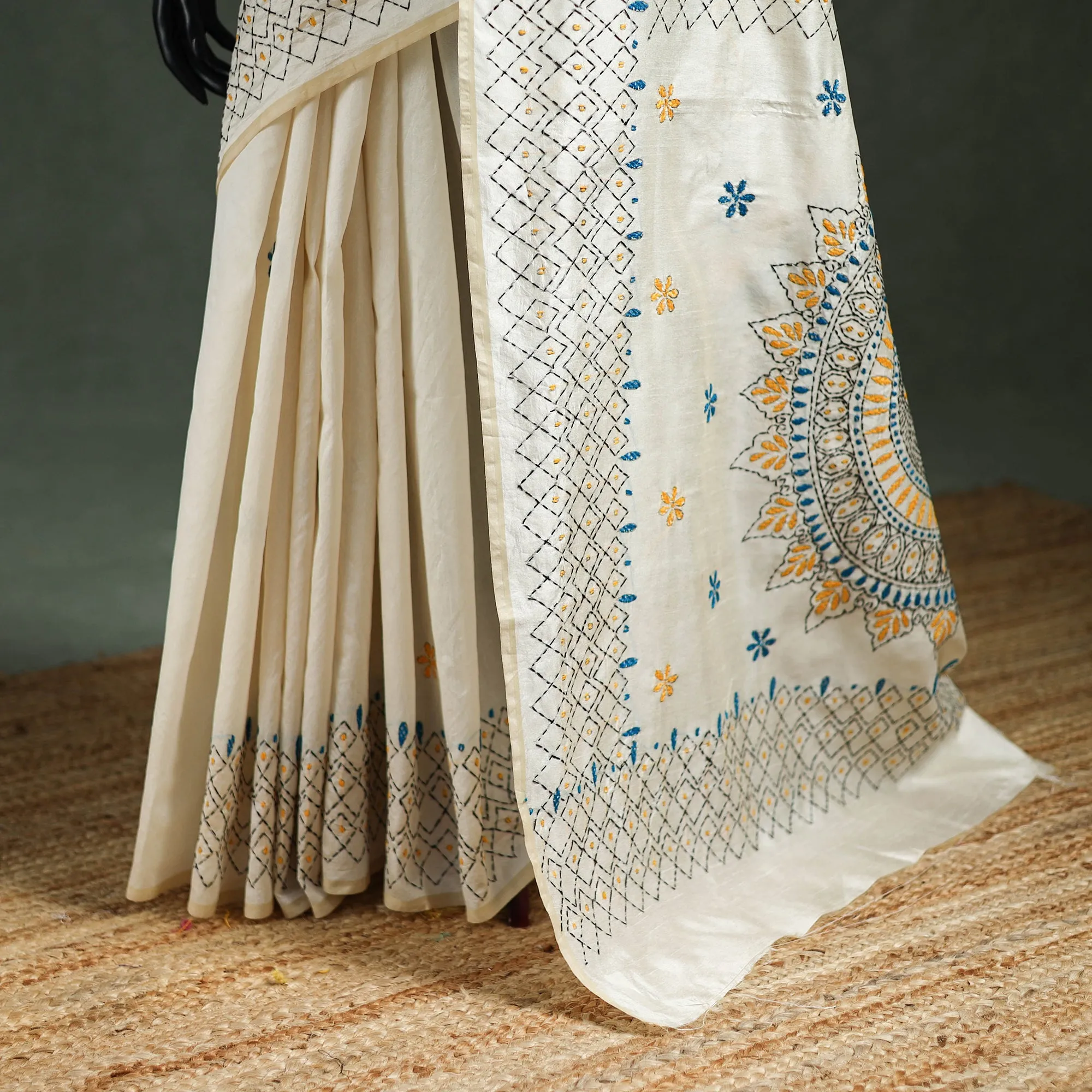 White - Bengal Nakshi Kantha Hand Embroidered Silk Saree 26 sold by Itokri product image thumbnail 4