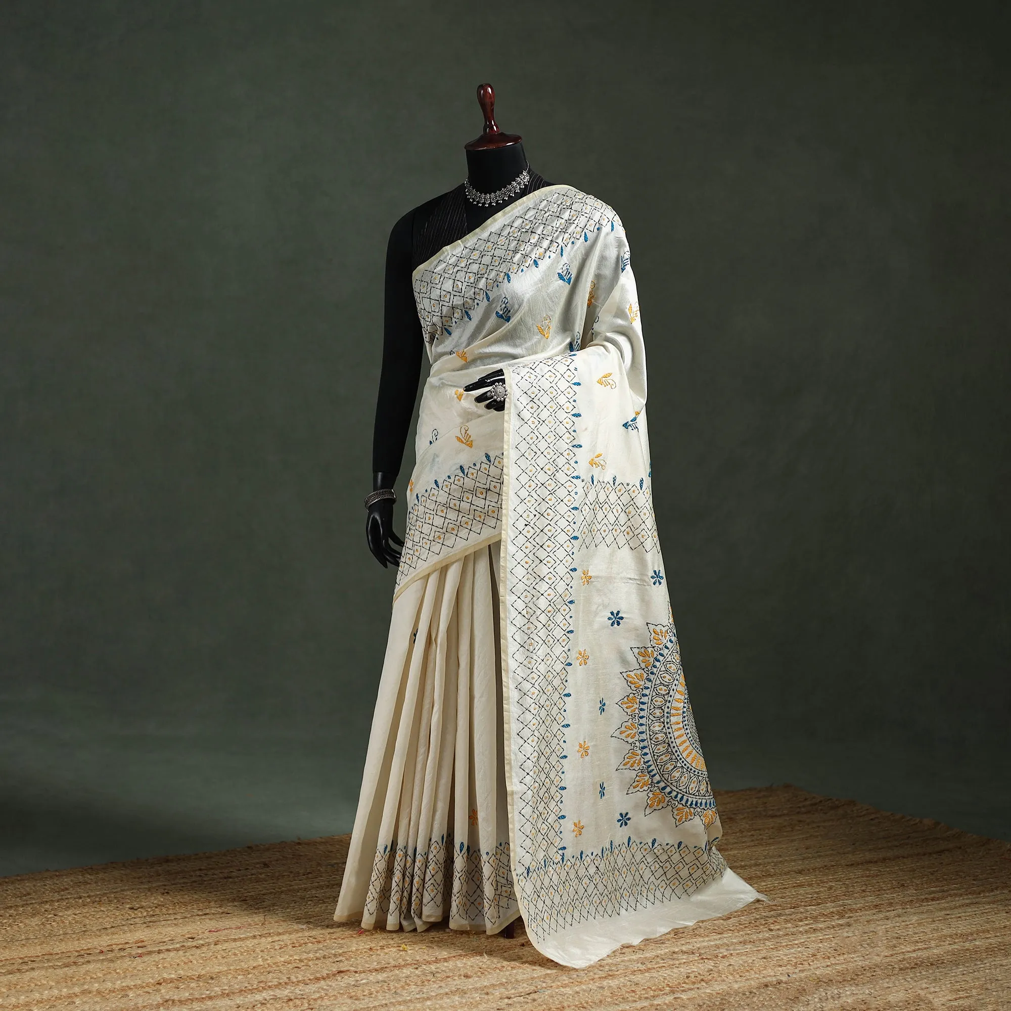 White - Bengal Nakshi Kantha Hand Embroidered Silk Saree 26 sold by Itokri