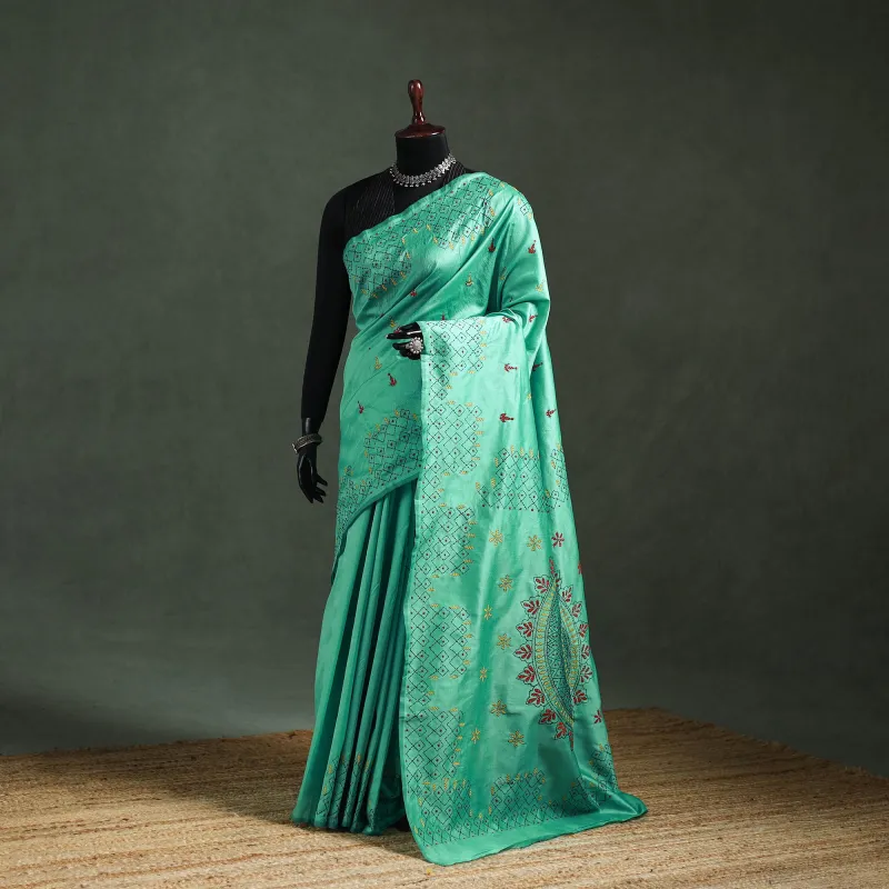 Green - Bengal Nakshi Kantha Hand Embroidered Silk Saree 25 made by Itokri