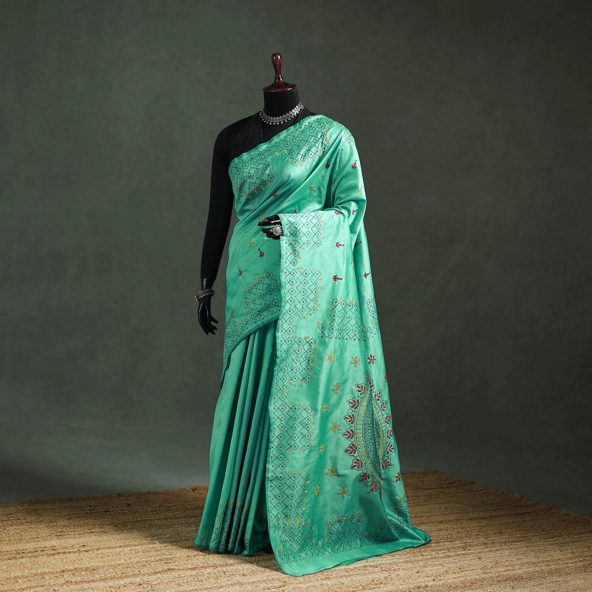 Green - Bengal Nakshi Kantha Hand Embroidered Silk Saree 25 sold by Itokri