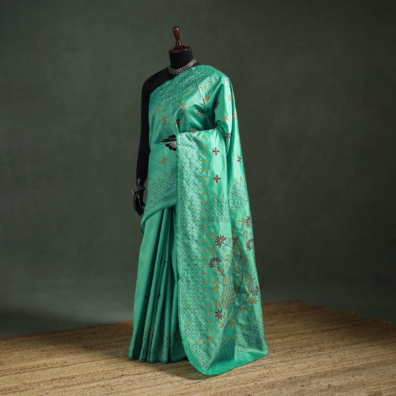 Green - Bengal Nakshi Kantha Hand Embroidered Silk Saree 23 made by Itokri