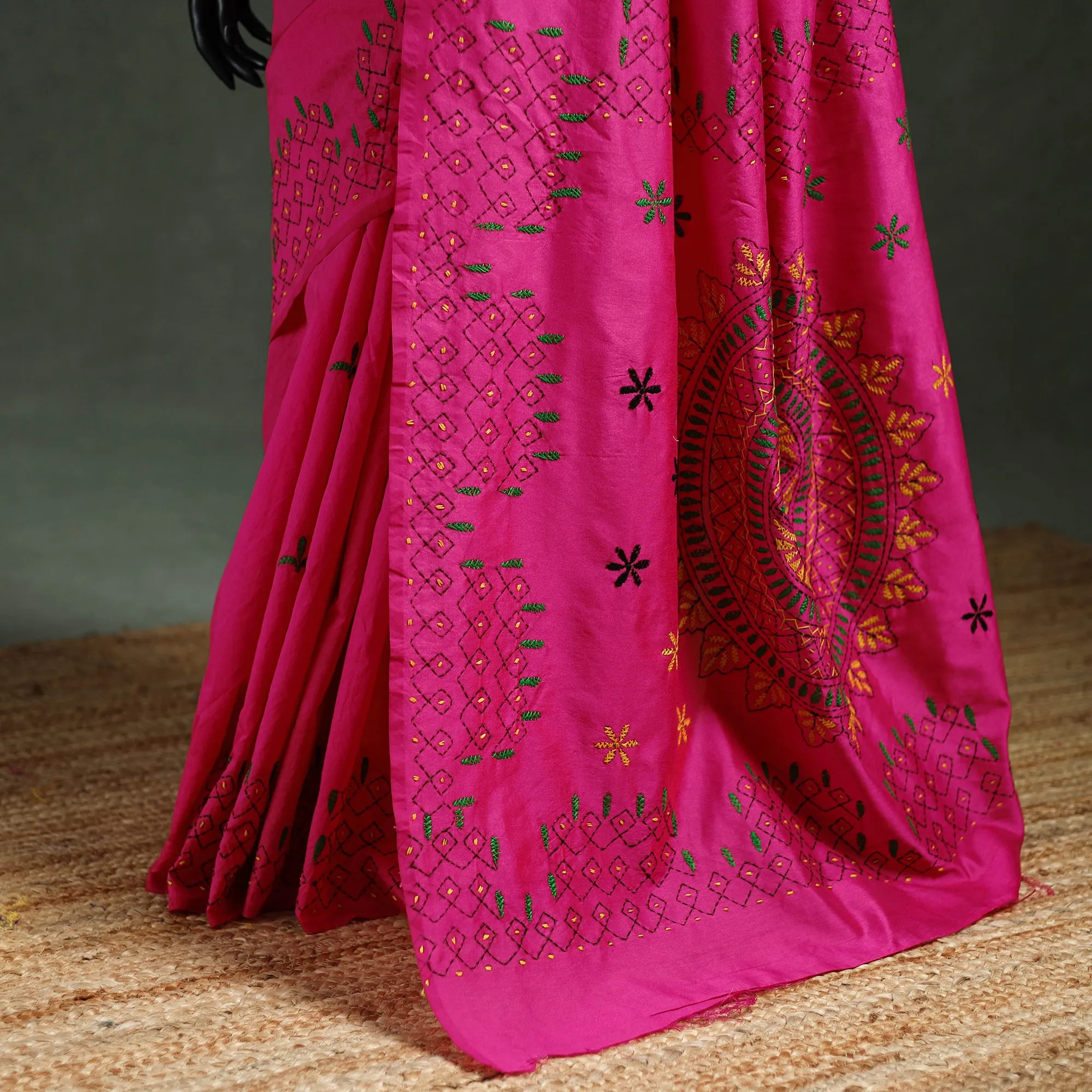 Pink - Bengal Nakshi Kantha Hand Embroidered Silk Saree 22 sold by Itokri product image thumbnail 4