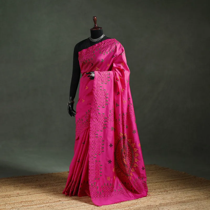 Pink - Bengal Nakshi Kantha Hand Embroidered Silk Saree 22 made by Itokri