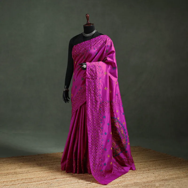 Purple - Bengal Nakshi Kantha Hand Embroidered Silk Saree 21 made by Itokri