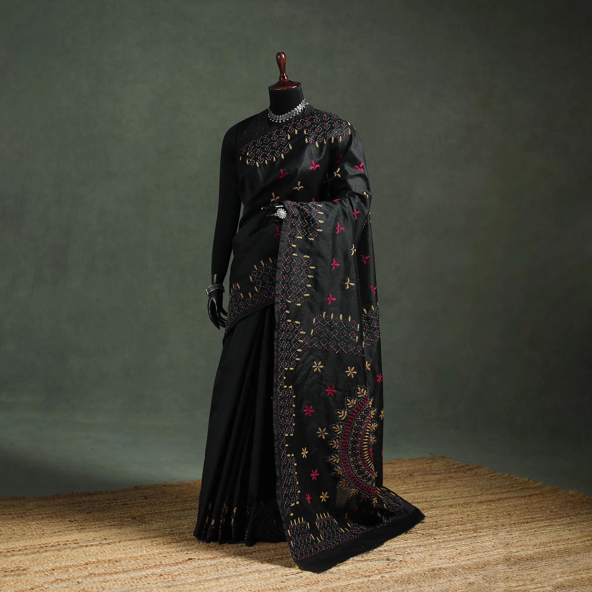 Black - Bengal Nakshi Kantha Hand Embroidered Silk Saree 19 sold by Itokri