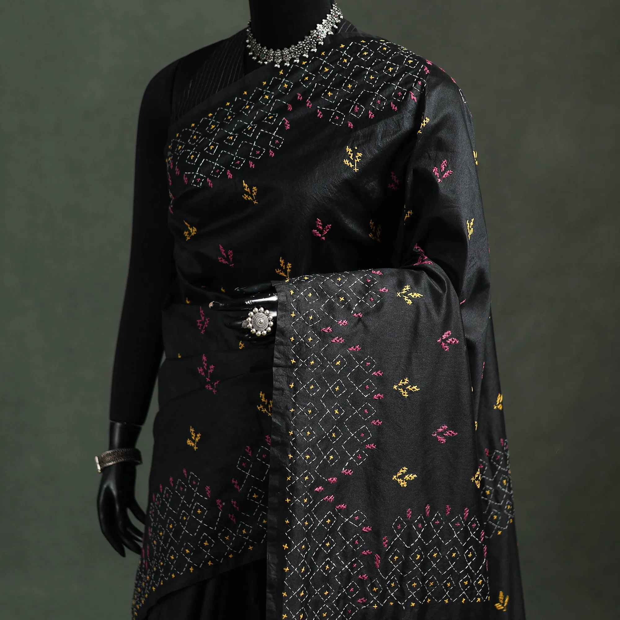 Black - Bengal Nakshi Kantha Hand Embroidered Silk Saree 18 sold by Itokri product image thumbnail 2