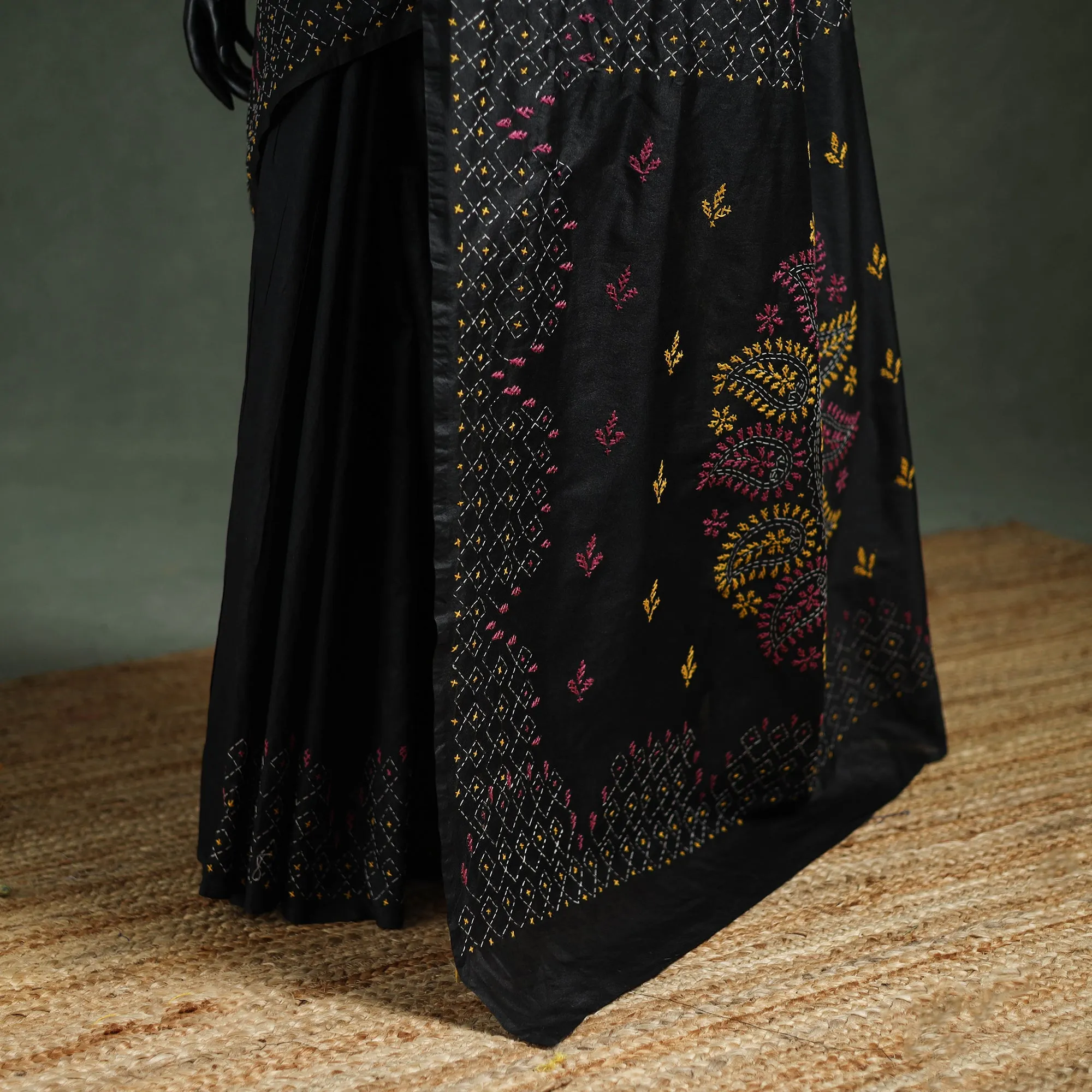 Black - Bengal Nakshi Kantha Hand Embroidered Silk Saree 18 sold by Itokri product image thumbnail 4