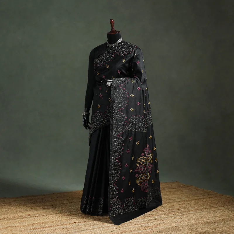 Black - Bengal Nakshi Kantha Hand Embroidered Silk Saree 18 made by Itokri