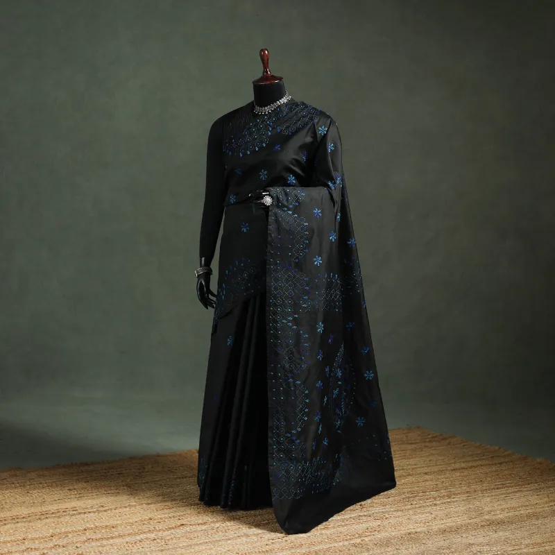 Black - Bengal Nakshi Kantha Hand Embroidered Silk Saree 17 made by Itokri