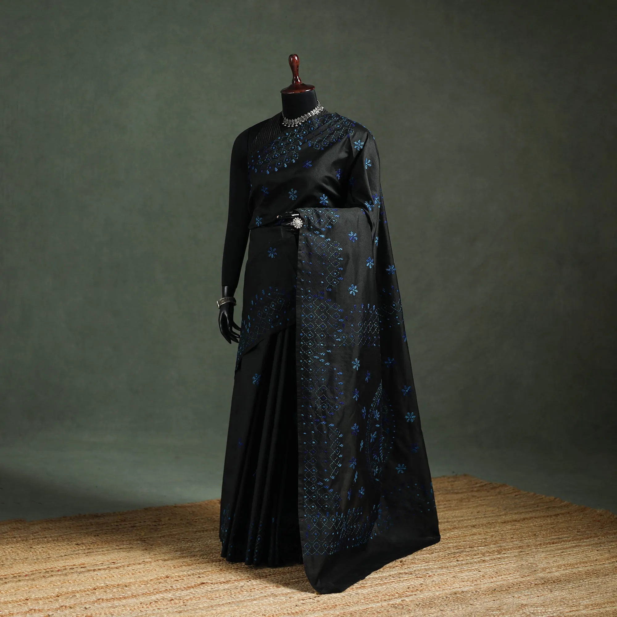 Black - Bengal Nakshi Kantha Hand Embroidered Silk Saree 17 sold by Itokri