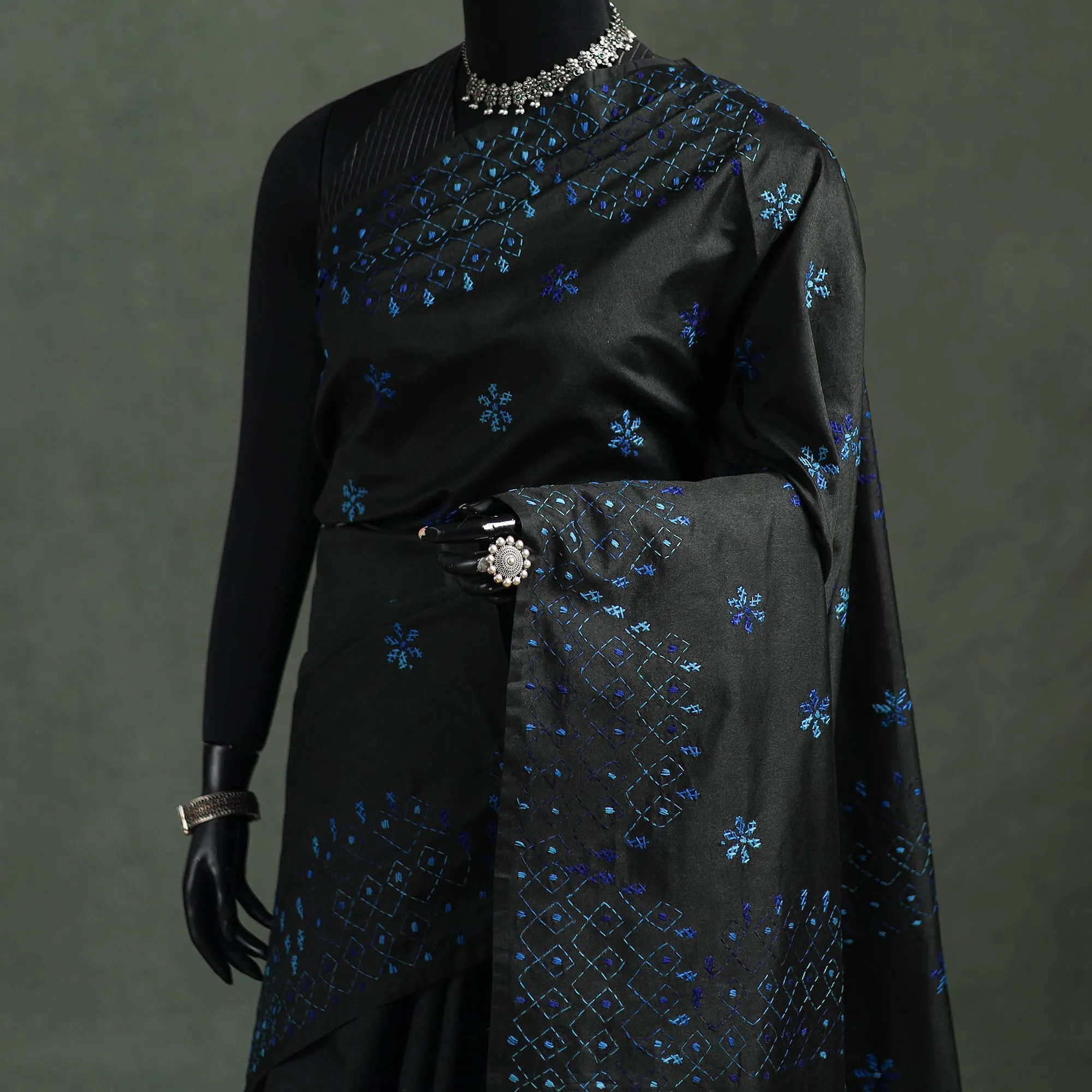 Black - Bengal Nakshi Kantha Hand Embroidered Silk Saree 17 sold by Itokri product image thumbnail 2
