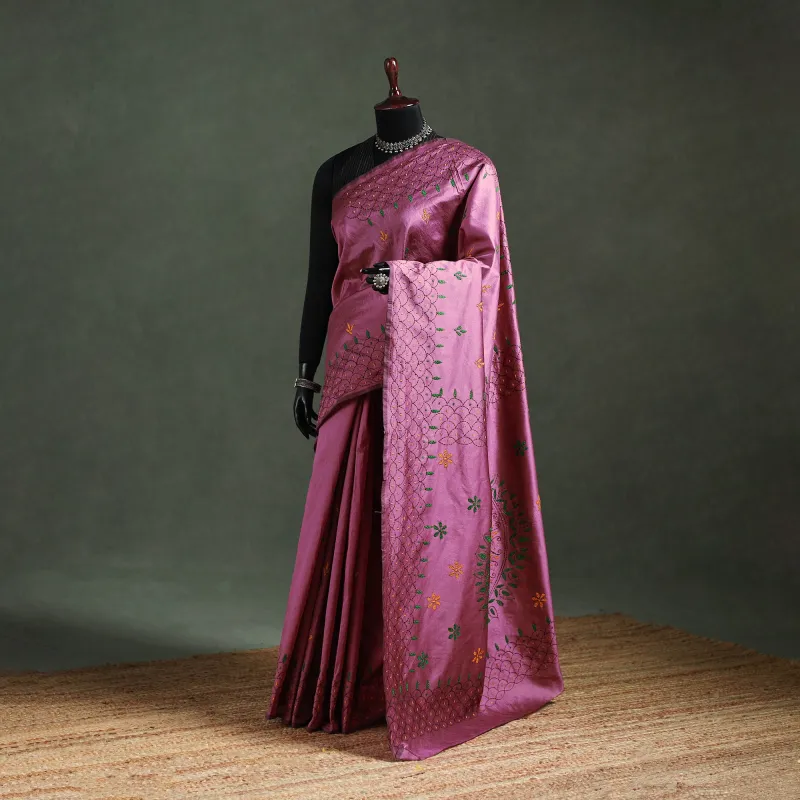 Purple - Bengal Nakshi Kantha Hand Embroidered Silk Saree 15 made by Itokri