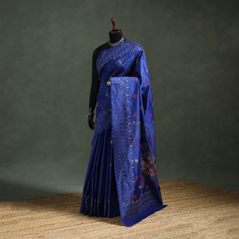 Blue - Bengal Nakshi Kantha Hand Embroidered Silk Saree 13 made by Itokri