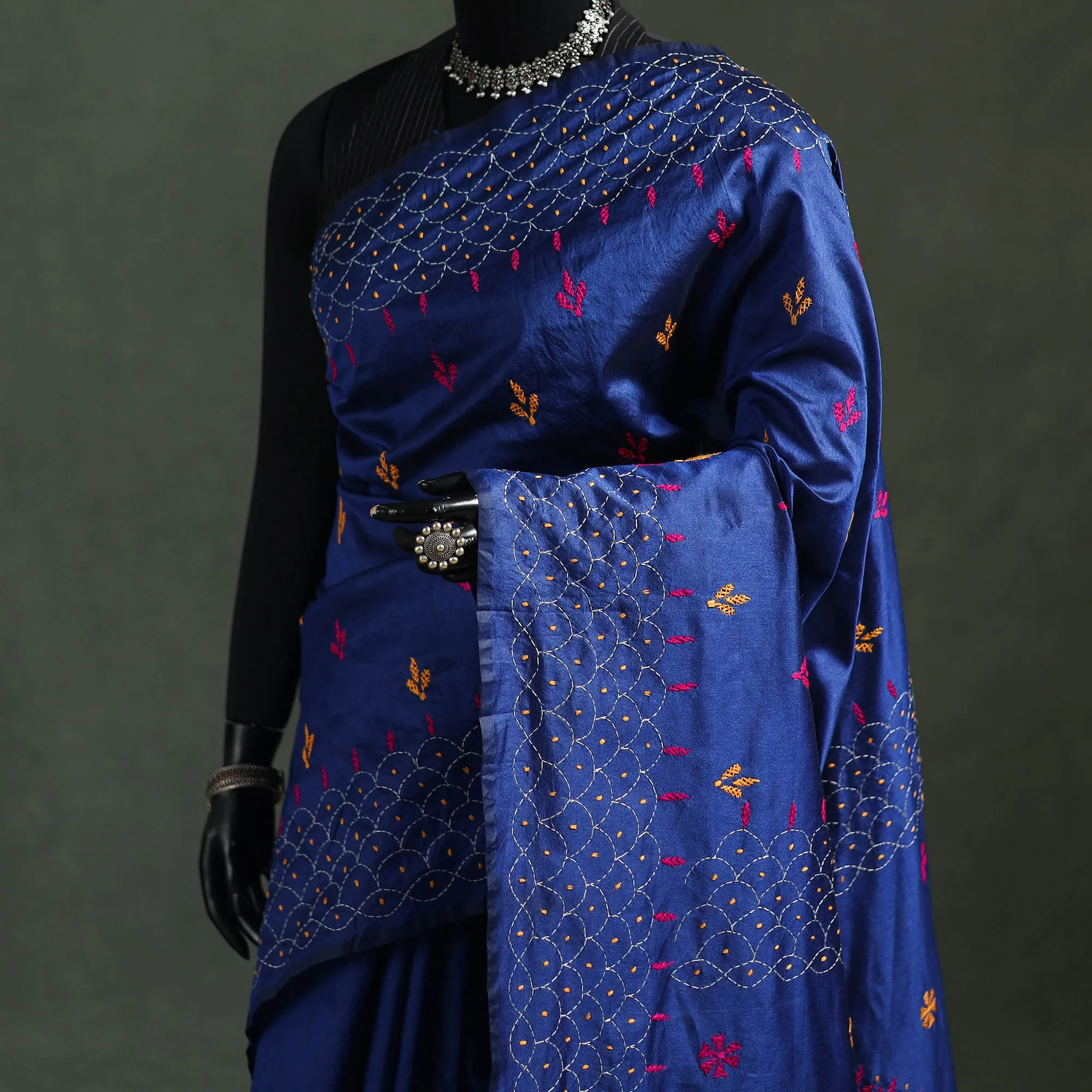 Blue - Bengal Nakshi Kantha Hand Embroidered Silk Saree 12 sold by Itokri product image thumbnail 2