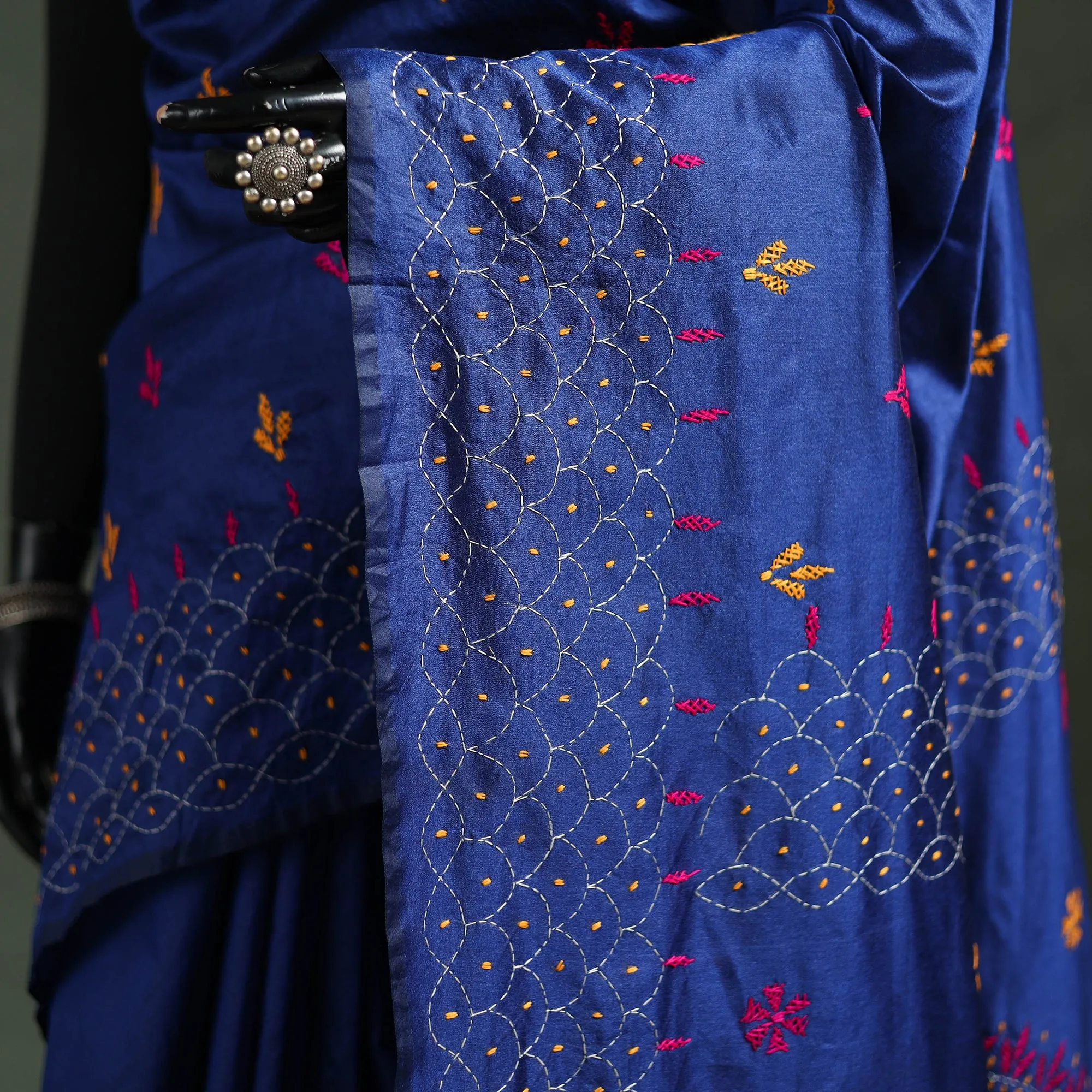 Blue - Bengal Nakshi Kantha Hand Embroidered Silk Saree 12 sold by Itokri product image thumbnail 3