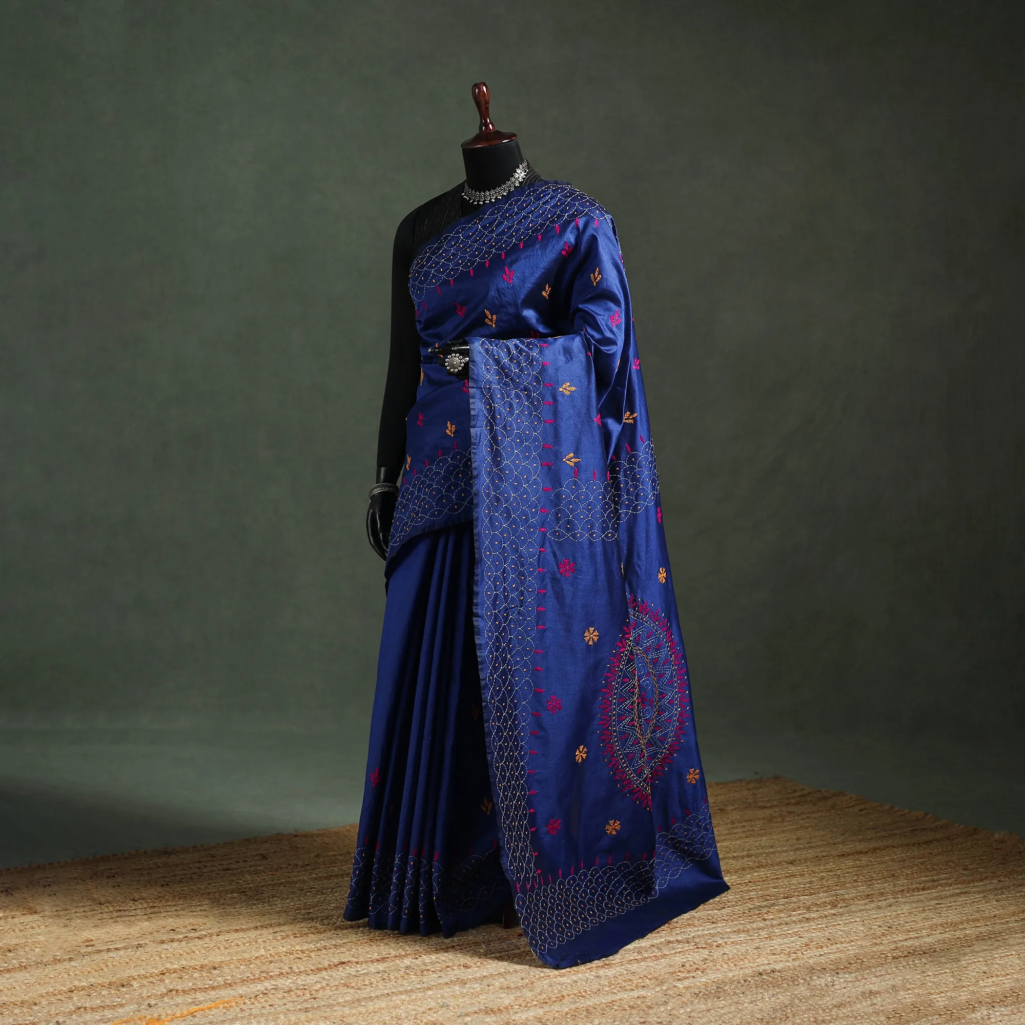 Blue - Bengal Nakshi Kantha Hand Embroidered Silk Saree 12 sold by Itokri