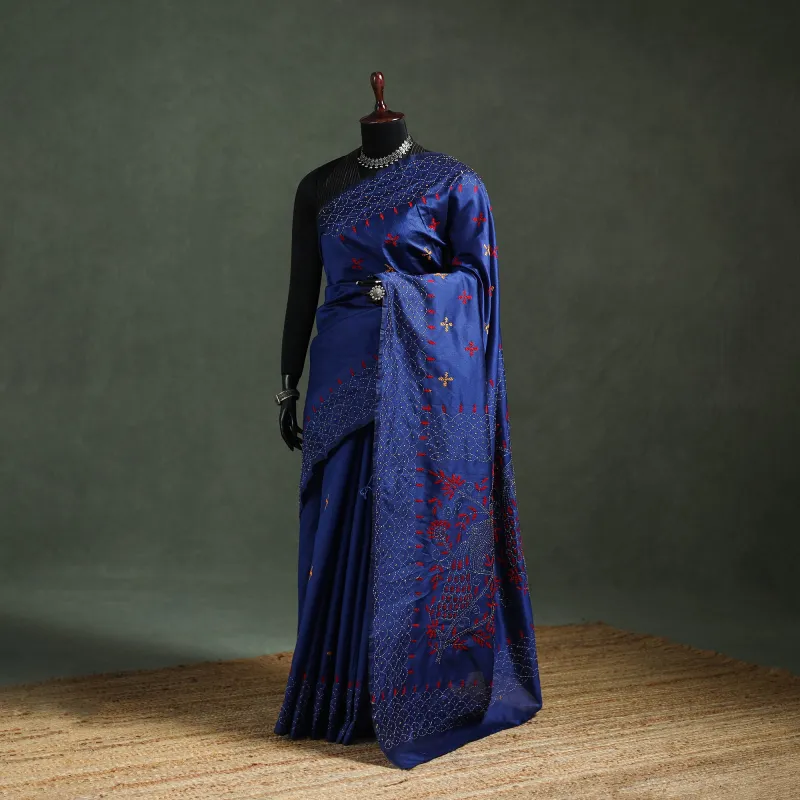 Blue - Bengal Nakshi Kantha Hand Embroidered Silk Saree 11 made by Itokri