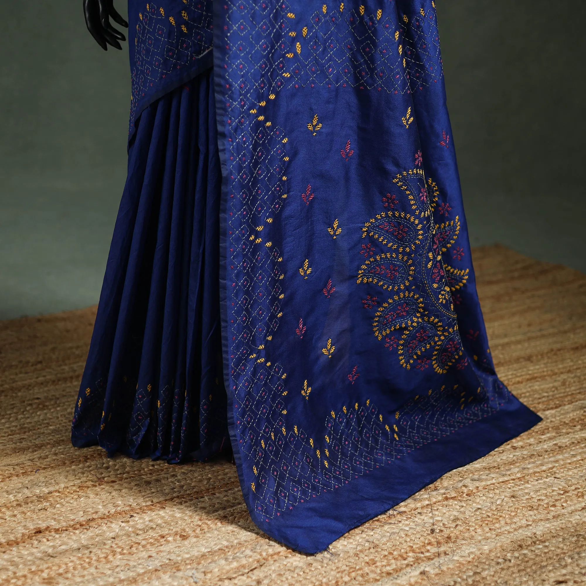 Blue - Bengal Nakshi Kantha Hand Embroidered Silk Saree 10 sold by Itokri product image thumbnail 4