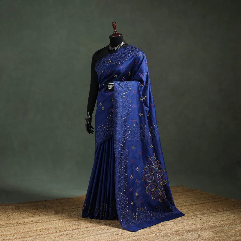 Blue - Bengal Nakshi Kantha Hand Embroidered Silk Saree 10 made by Itokri