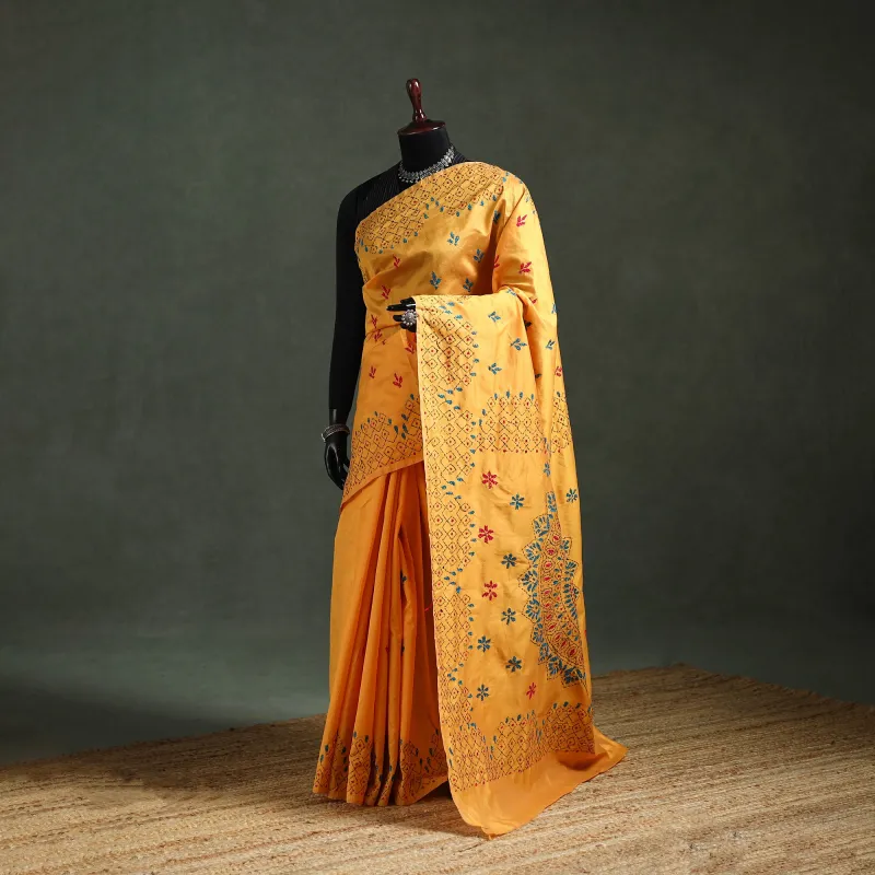 Yellow - Bengal Nakshi Kantha Hand Embroidered Silk Saree 08 made by Itokri