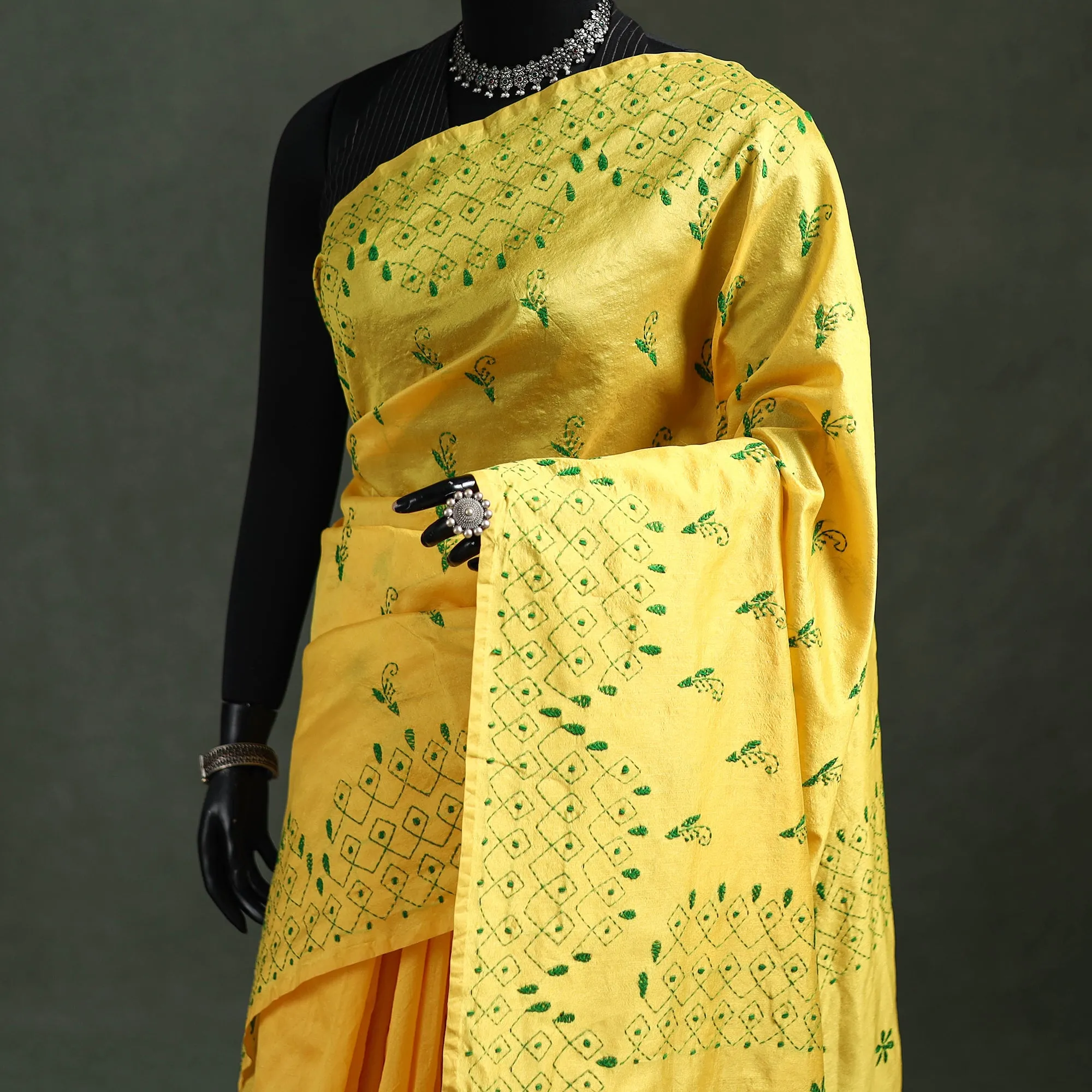Yellow - Bengal Nakshi Kantha Hand Embroidered Silk Saree 06 sold by Itokri product image thumbnail 2