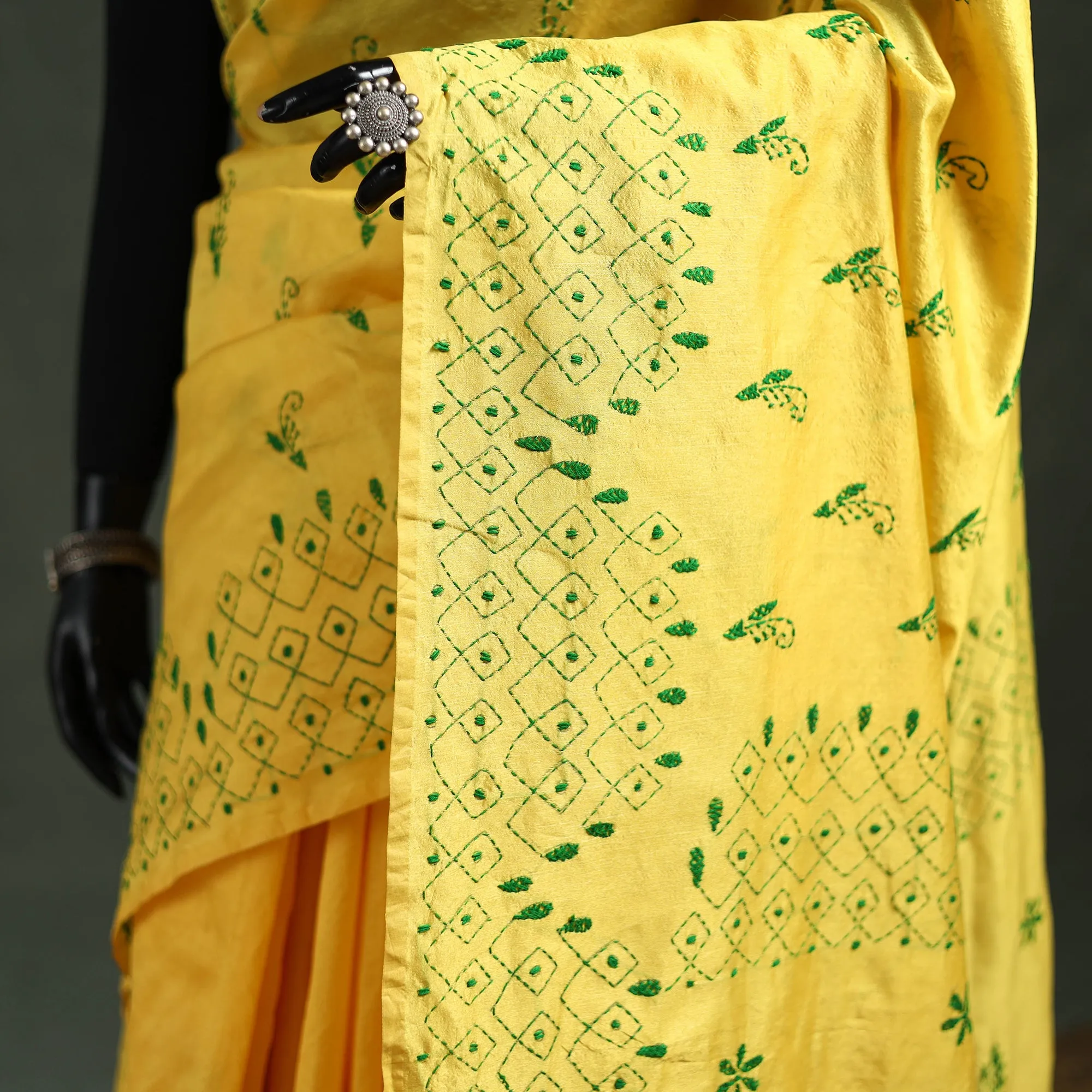 Yellow - Bengal Nakshi Kantha Hand Embroidered Silk Saree 06 sold by Itokri product image thumbnail 3