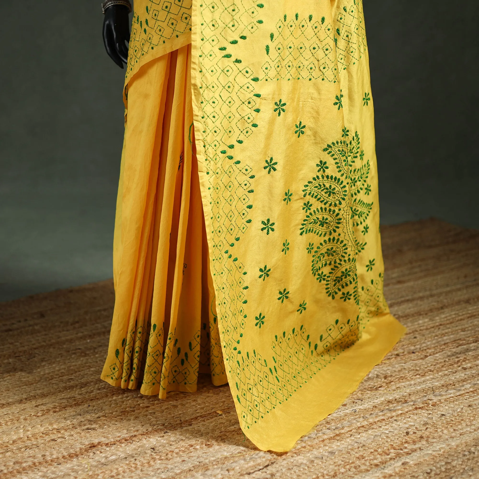 Yellow - Bengal Nakshi Kantha Hand Embroidered Silk Saree 06 sold by Itokri product image thumbnail 4