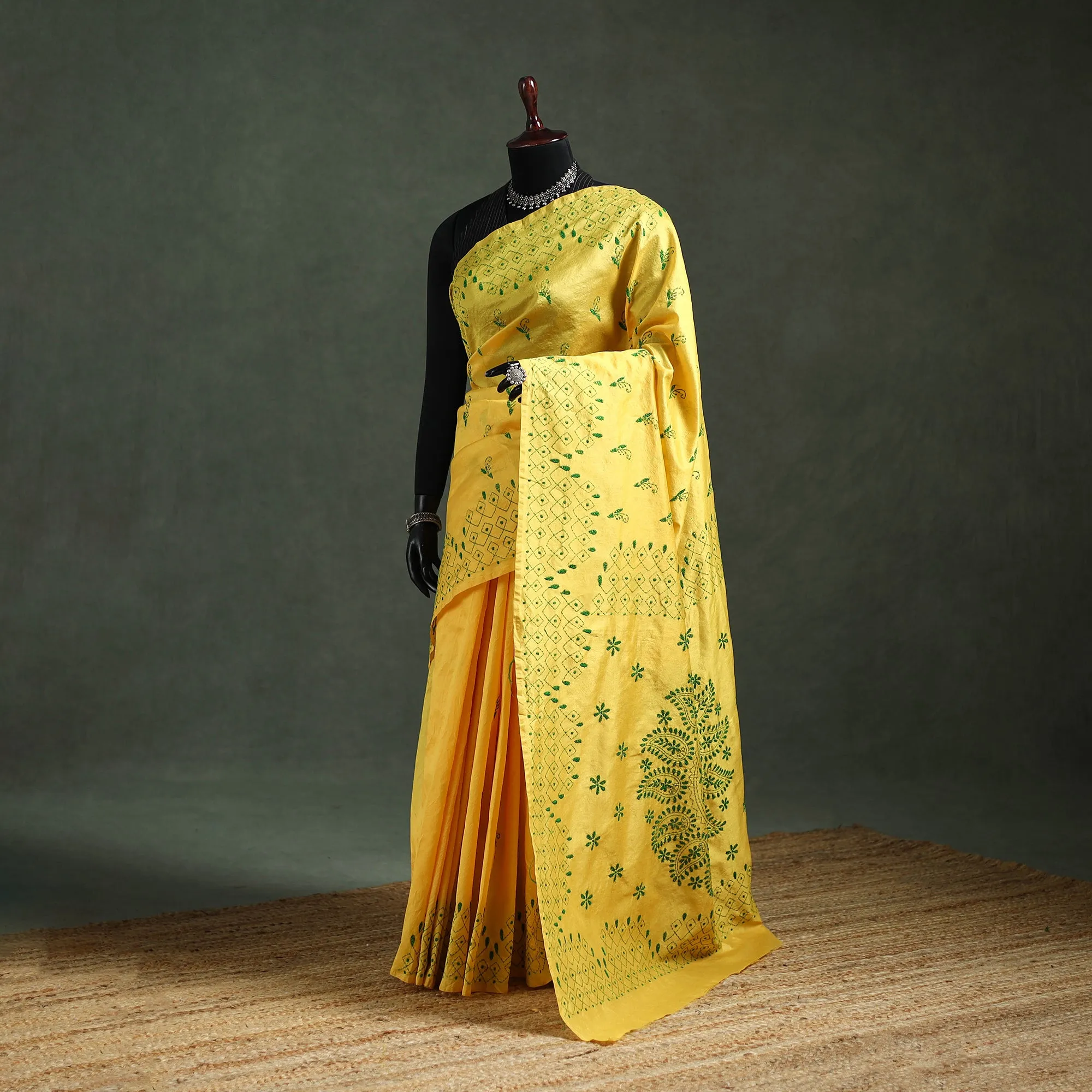 Yellow - Bengal Nakshi Kantha Hand Embroidered Silk Saree 06 sold by Itokri
