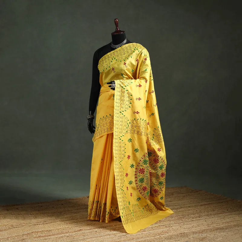 Yellow - Bengal Nakshi Kantha Hand Embroidered Silk Saree 05 made by Itokri