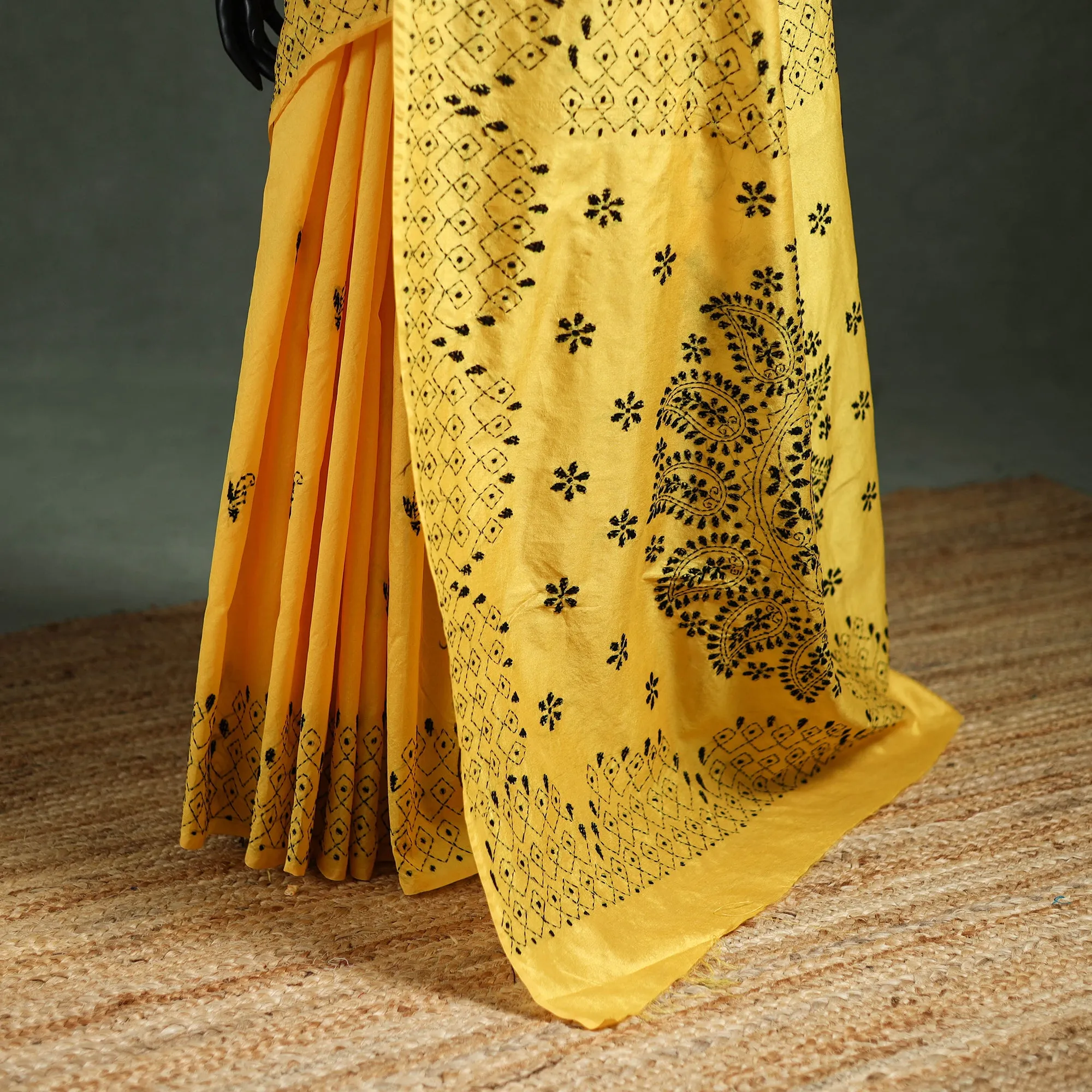 Yellow - Bengal Nakshi Kantha Hand Embroidered Silk Saree 03 sold by Itokri product image thumbnail 4