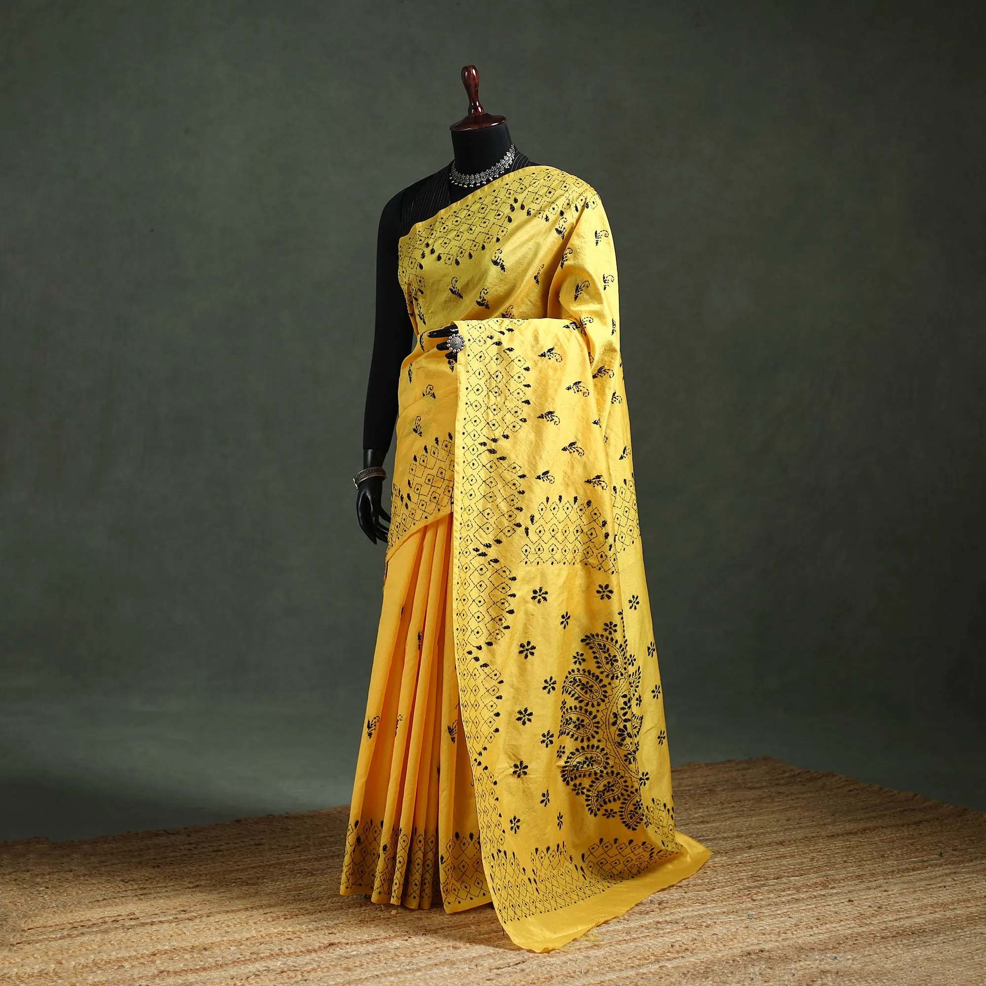 Yellow - Bengal Nakshi Kantha Hand Embroidered Silk Saree 03 sold by Itokri