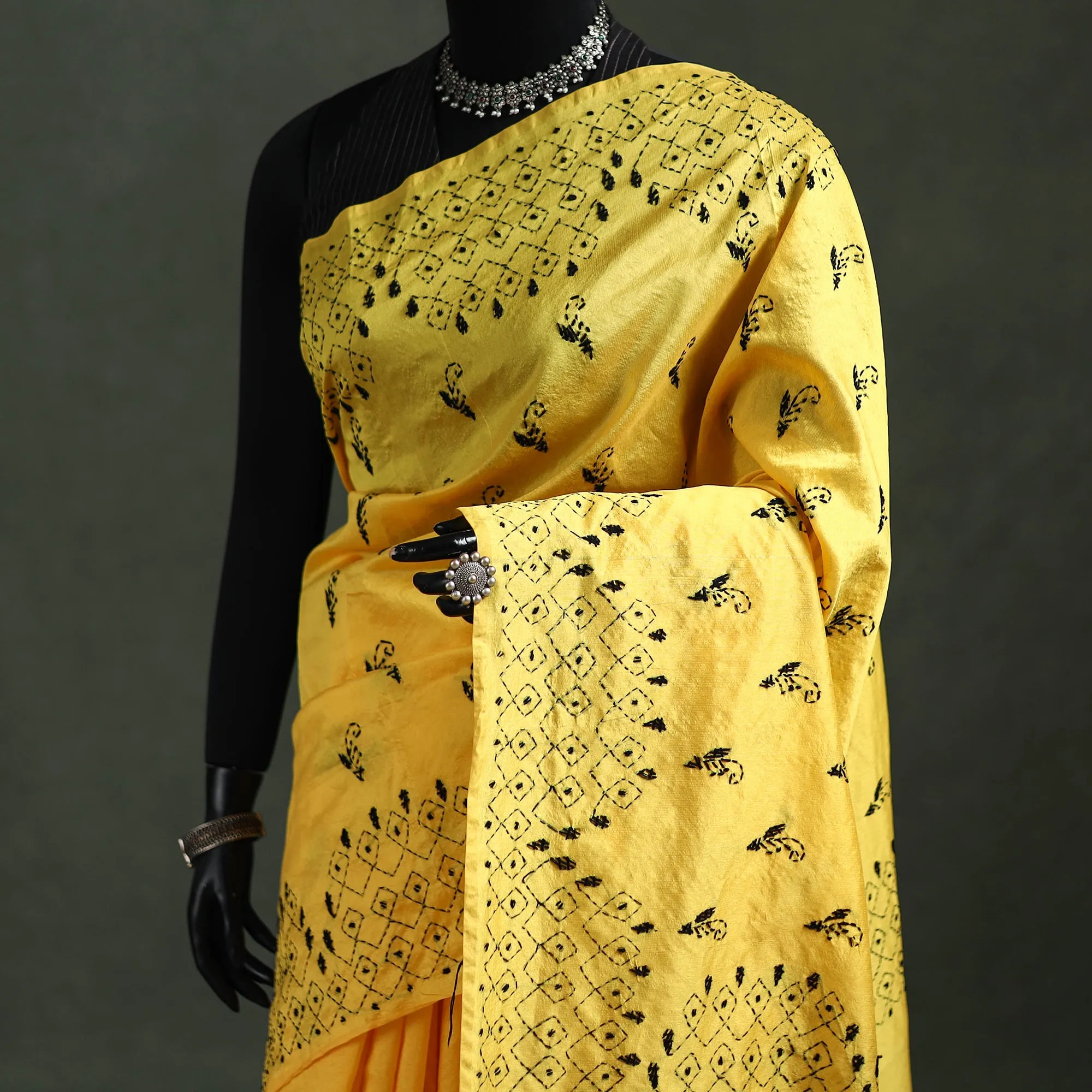 Yellow - Bengal Nakshi Kantha Hand Embroidered Silk Saree 03 sold by Itokri product image thumbnail 2