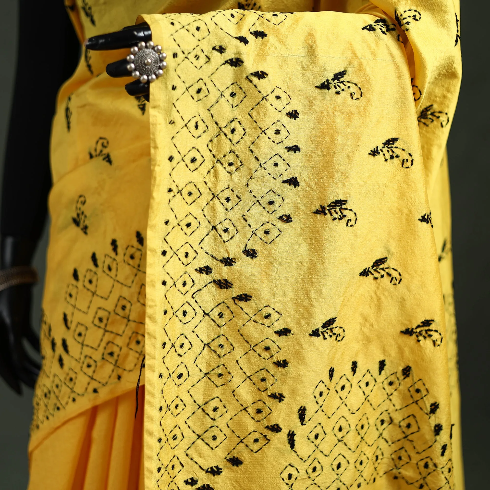 Yellow - Bengal Nakshi Kantha Hand Embroidered Silk Saree 03 sold by Itokri product image thumbnail 3