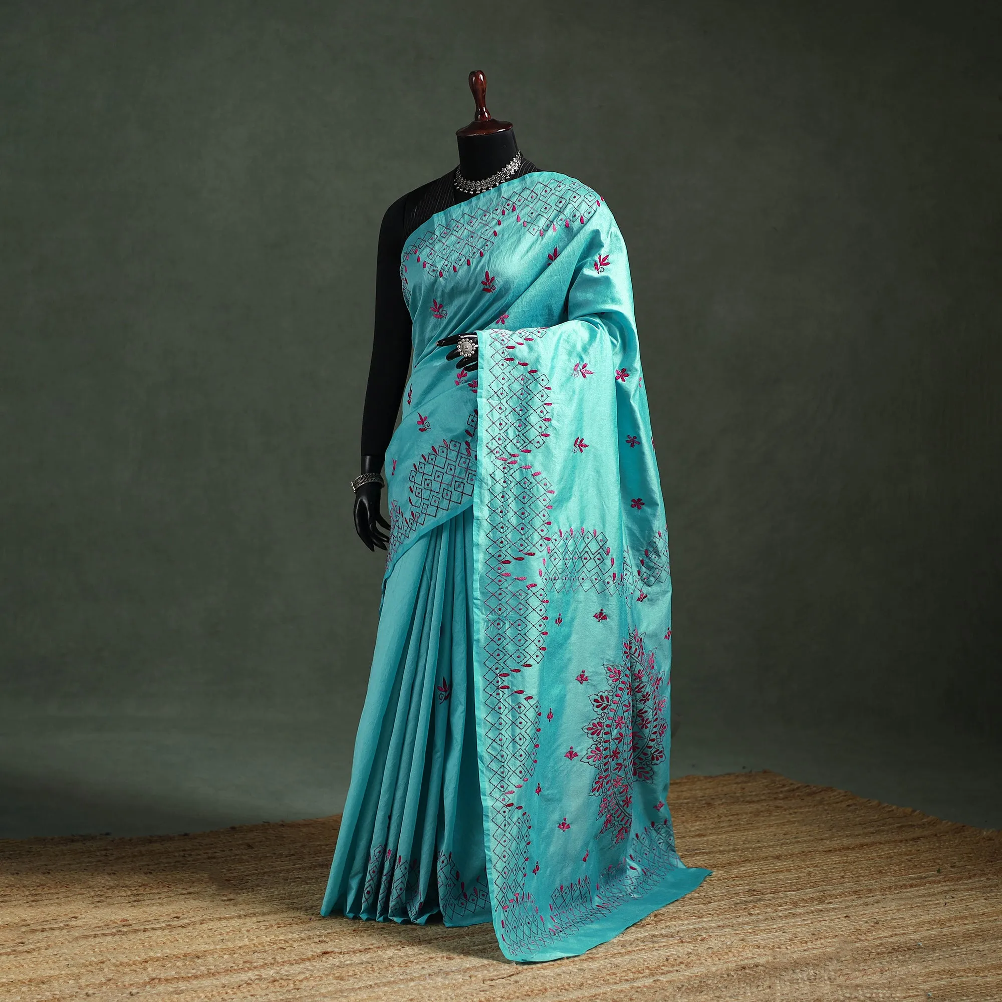 Blue - Bengal Nakshi Kantha Hand Embroidered Silk Saree 01 sold by Itokri