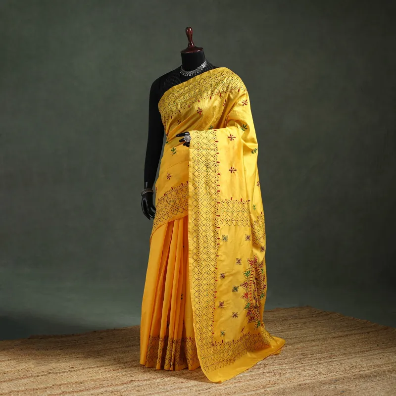 Yellow - Bengal Nakshi Kantha Hand Embroidered Silk Saree 02 made by Itokri