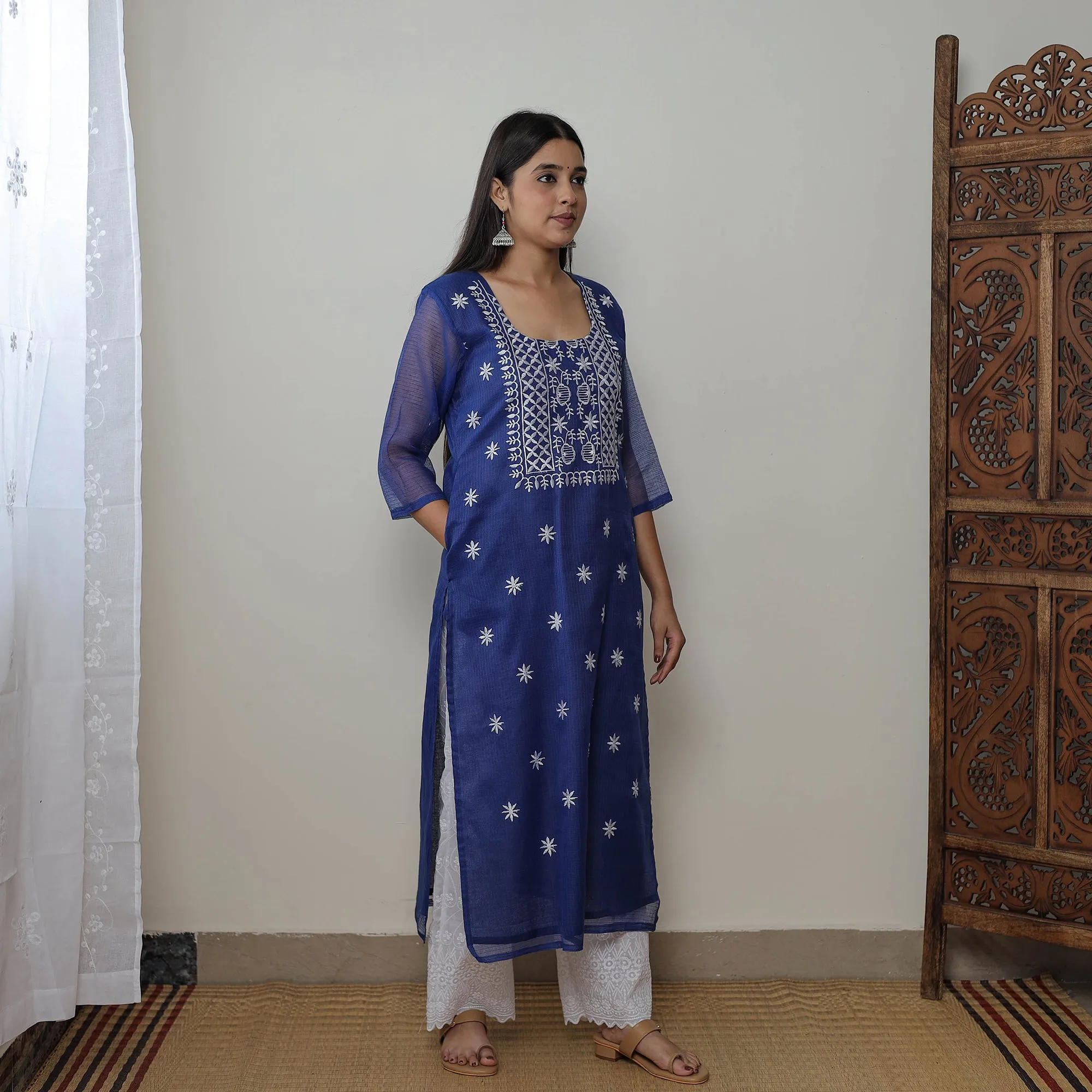 Blue - Kota Doria Cotton Embroidery Kurta Suit Set 13 sold by Itokri product image thumbnail 5