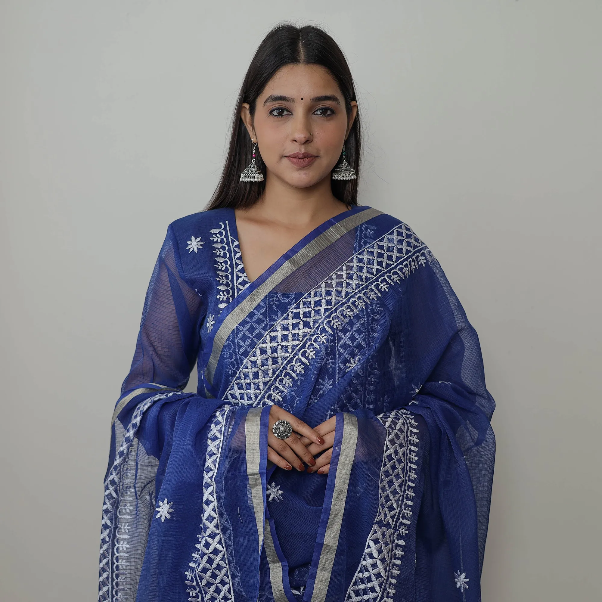 Blue - Kota Doria Cotton Embroidery Kurta Suit Set 13 sold by Itokri product image thumbnail 4