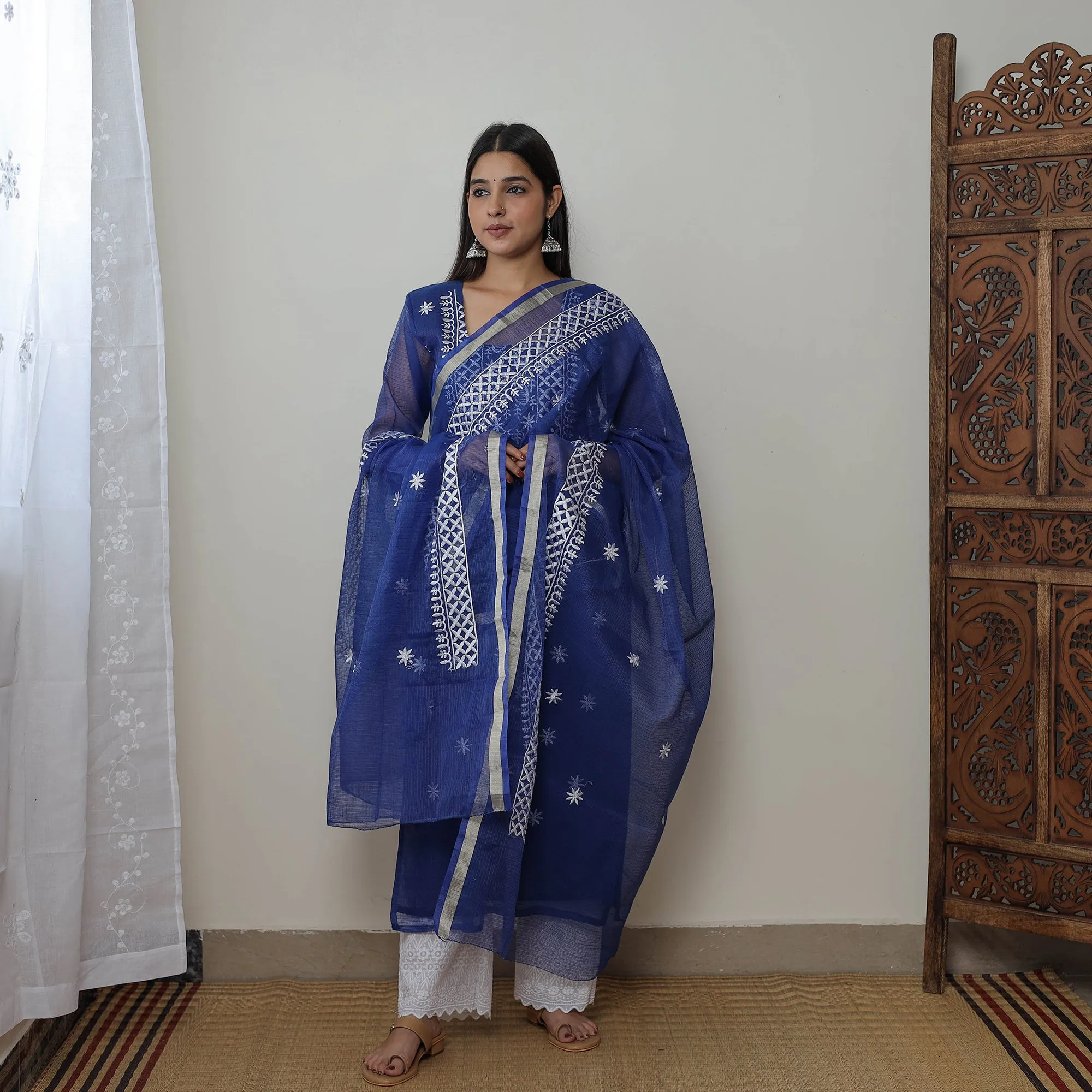 Blue - Kota Doria Cotton Embroidery Kurta Suit Set 13 sold by Itokri product image thumbnail 3