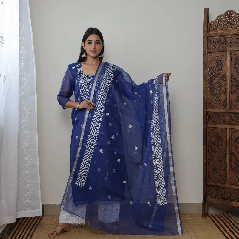 Blue - Kota Doria Cotton Embroidery Kurta Suit Set 13 made by Itokri