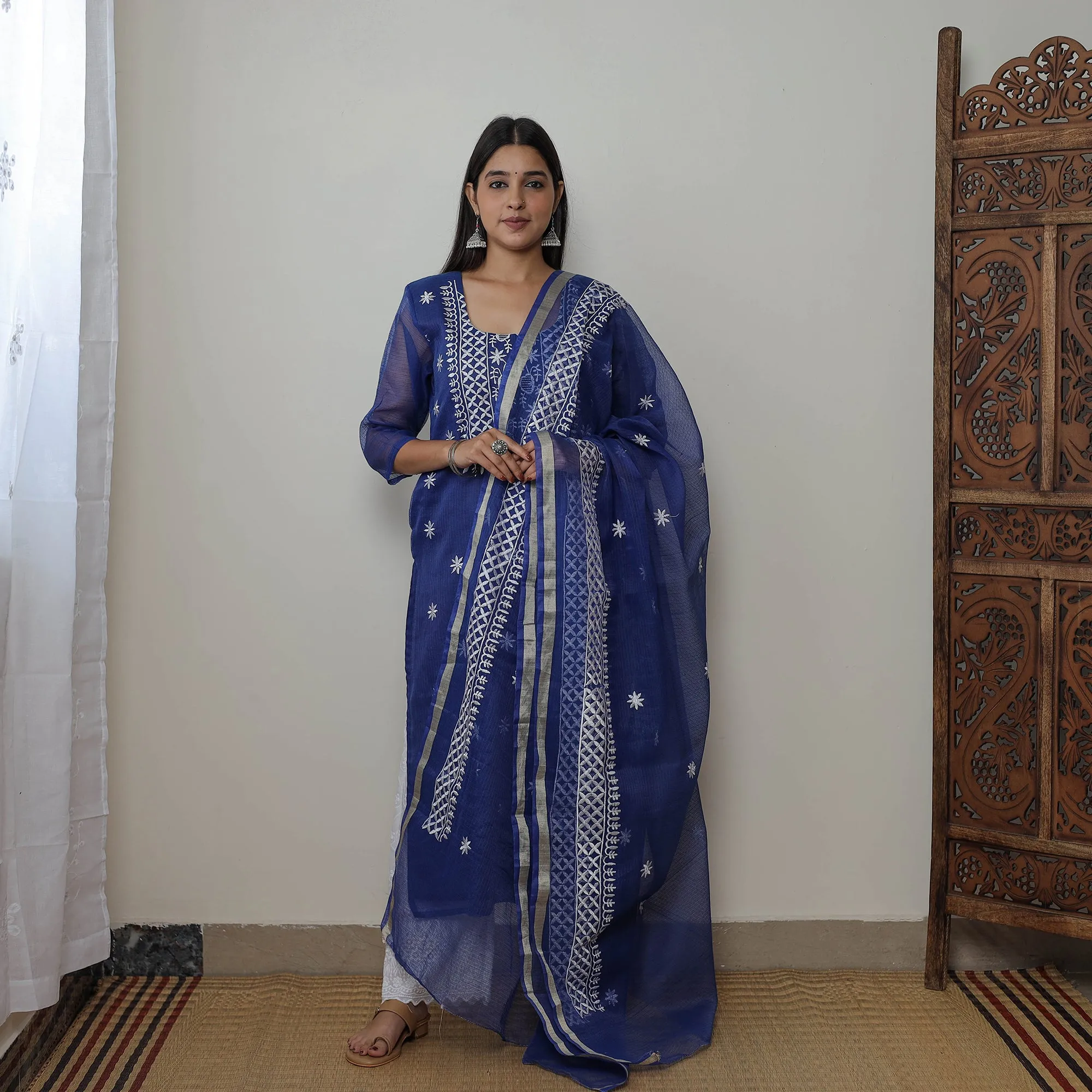 Blue - Kota Doria Cotton Embroidery Kurta Suit Set 13 sold by Itokri product image thumbnail 2