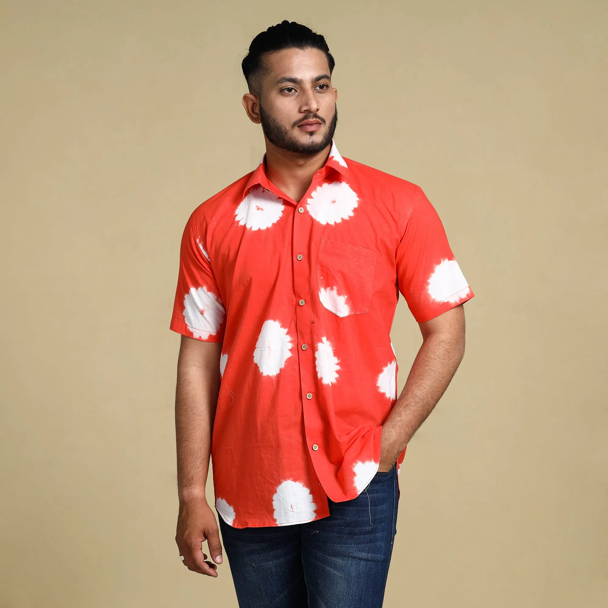 Orange - Shibori Tie-Dye Cotton Men Half Sleeve Shirt sold by Itokri product image thumbnail 4