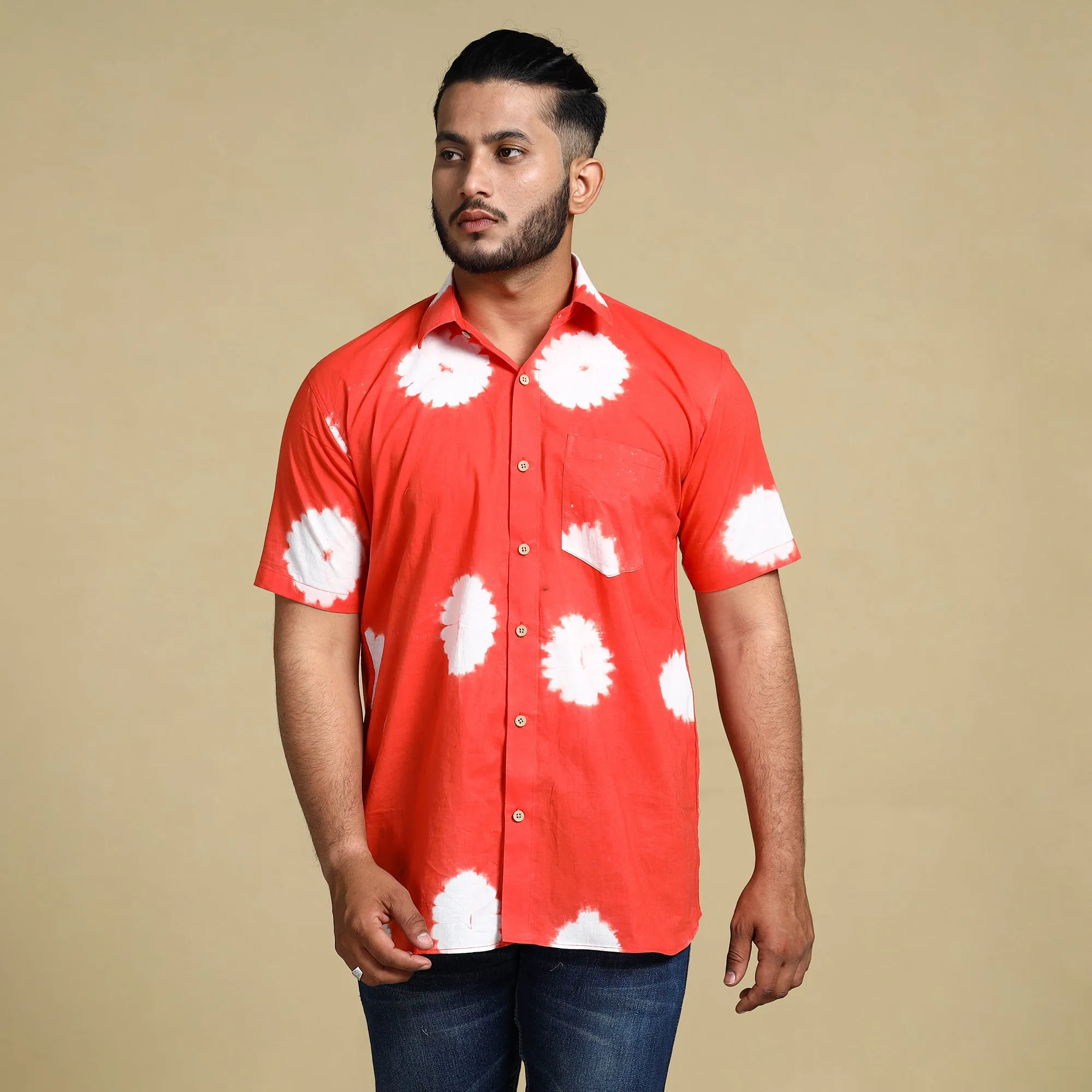 Orange - Shibori Tie-Dye Cotton Men Half Sleeve Shirt sold by Itokri product image thumbnail 3