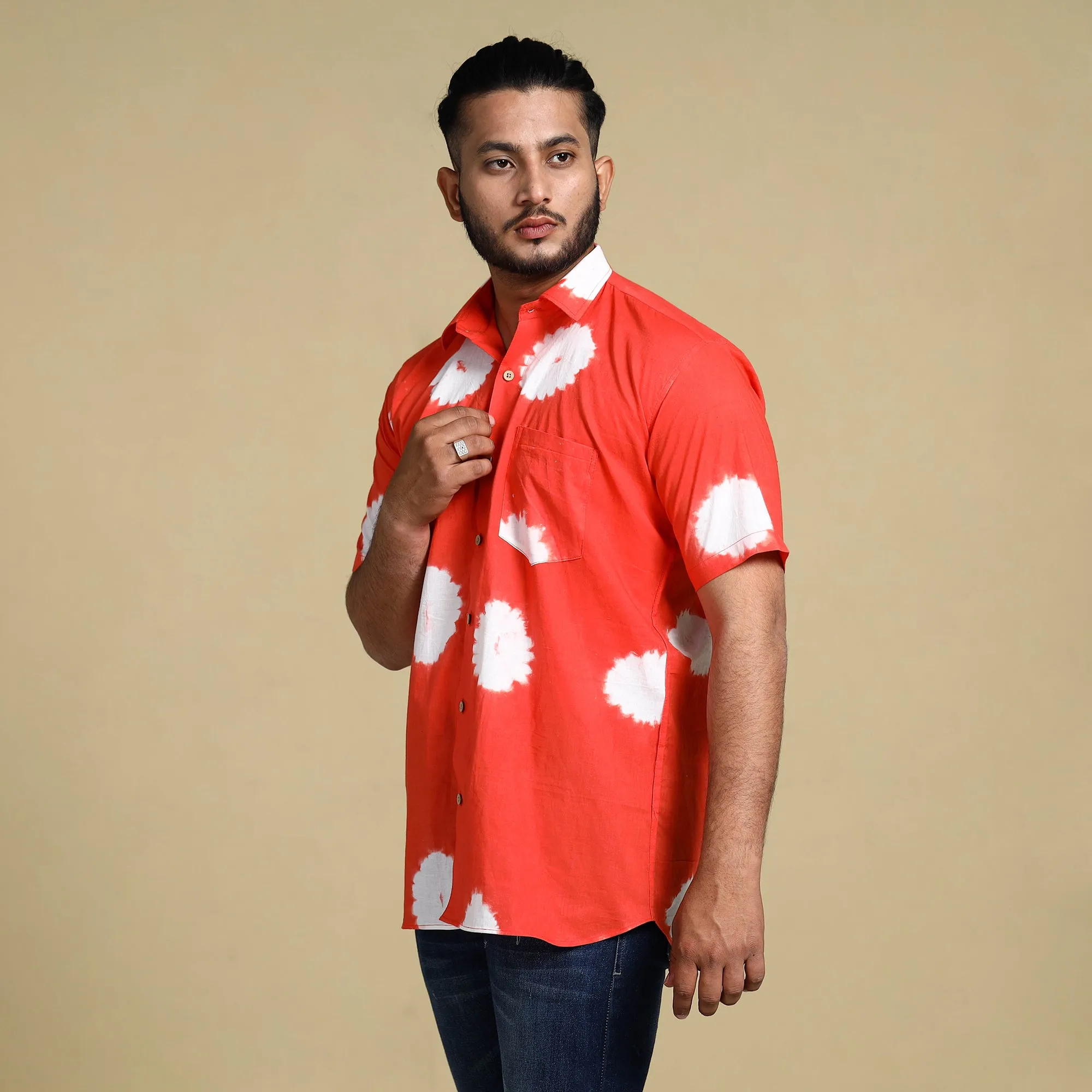 Orange - Shibori Tie-Dye Cotton Men Half Sleeve Shirt sold by Itokri product image thumbnail 2