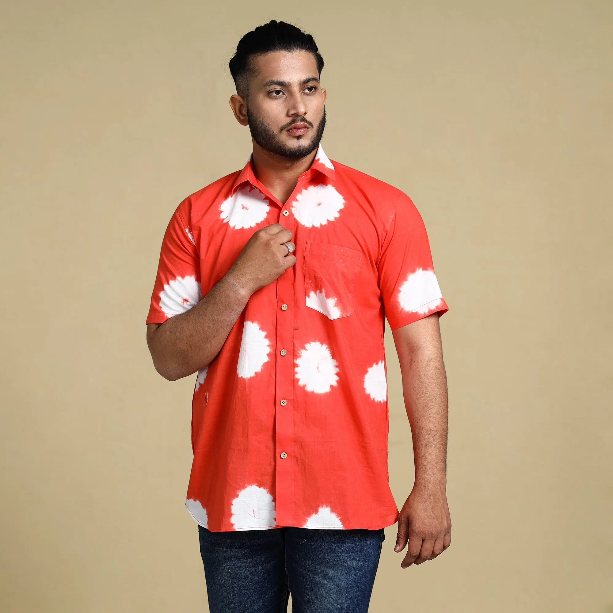 Orange - Shibori Tie-Dye Cotton Men Half Sleeve Shirt sold by Itokri