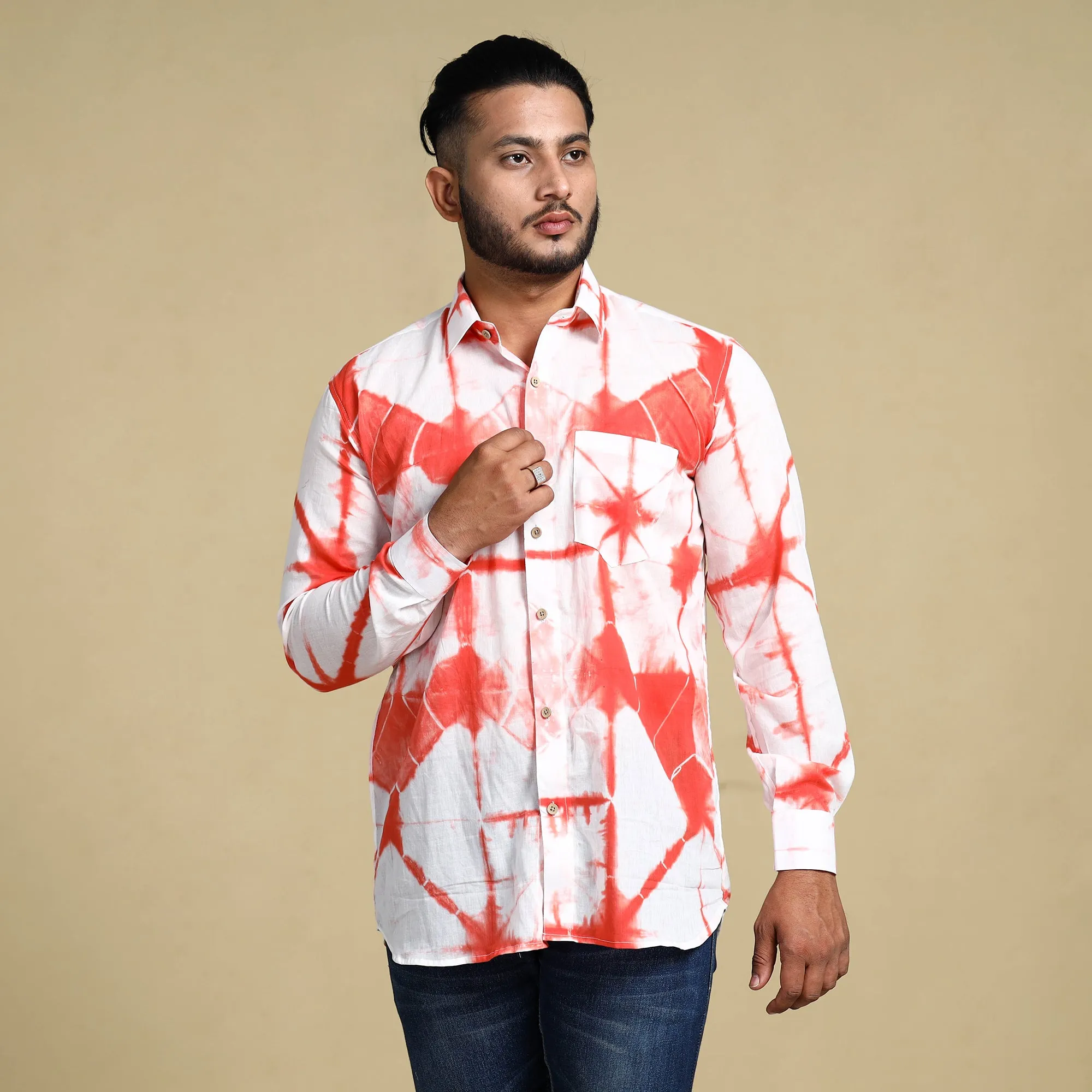 Orange - Shibori Tie-Dye Cotton Men Full Sleeve Shirt sold by Itokri
