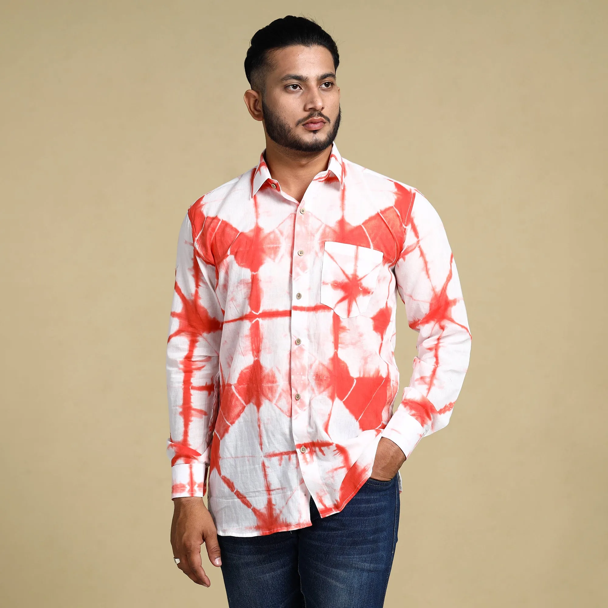 Orange - Shibori Tie-Dye Cotton Men Full Sleeve Shirt sold by Itokri product image thumbnail 4